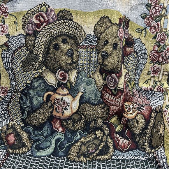 Boyds Bears Friends Blanket Tea Time Tapestry Throw Afghan Floral Fringe 66x48 - Picture 2 of 9